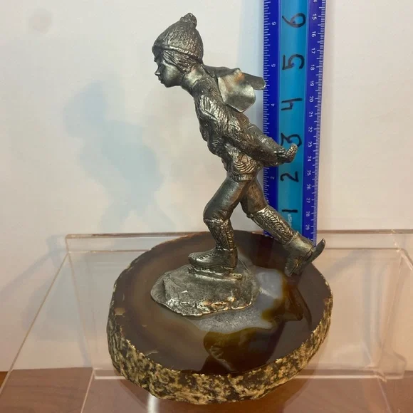 Bronze Figure, Young Boy Skating on a Lake of Banded Agate, Signed/Dated
